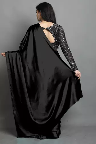 Black satin plain zari work saree with blouse