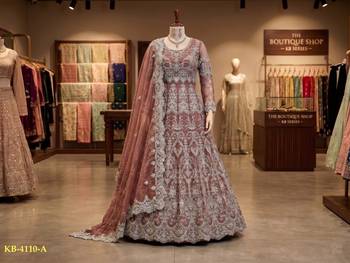 Peach net anarkali suit with embroidered diamond  3