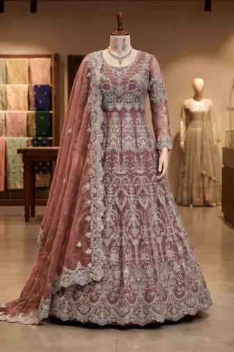 Peach net anarkali suit with embroidered diamond 