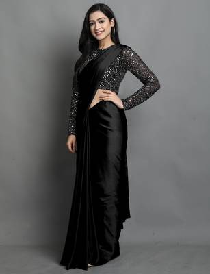 Black satin plain zari work saree with blouse 3