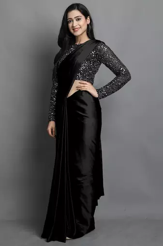 Black satin plain zari work saree with blouse