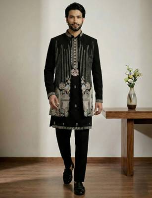 Black doniyar shatin premium designer festive wear indo western set 2