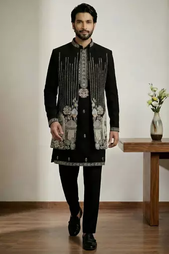 Black doniyar shatin premium designer festive wear indo western set