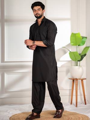 Black color cotton satin fabric beautiful solid festive special kurta payjama 4