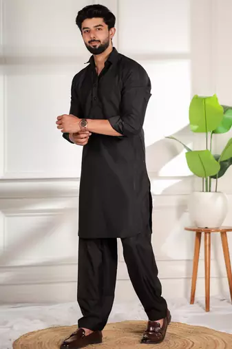 Black color cotton satin fabric beautiful solid festive special kurta payjama