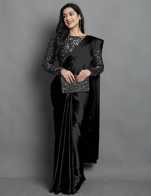 Black satin plain zari work saree with blouse 4
