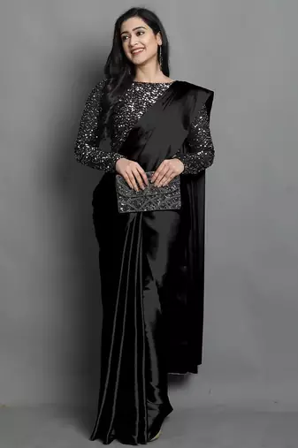 Black satin plain zari work saree with blouse