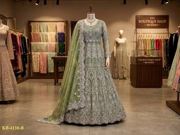 Green net anarkali suit with embroidered diamond  2