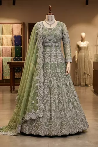 Green net anarkali suit with embroidered diamond 