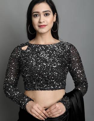 Black satin plain zari work saree with blouse 5