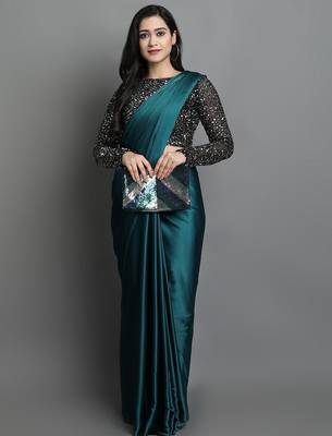 Light blue satin plain zari work saree with blouse 1