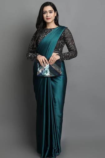 Light blue satin plain zari work saree with blouse