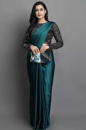 Light blue satin plain zari work saree with blouse