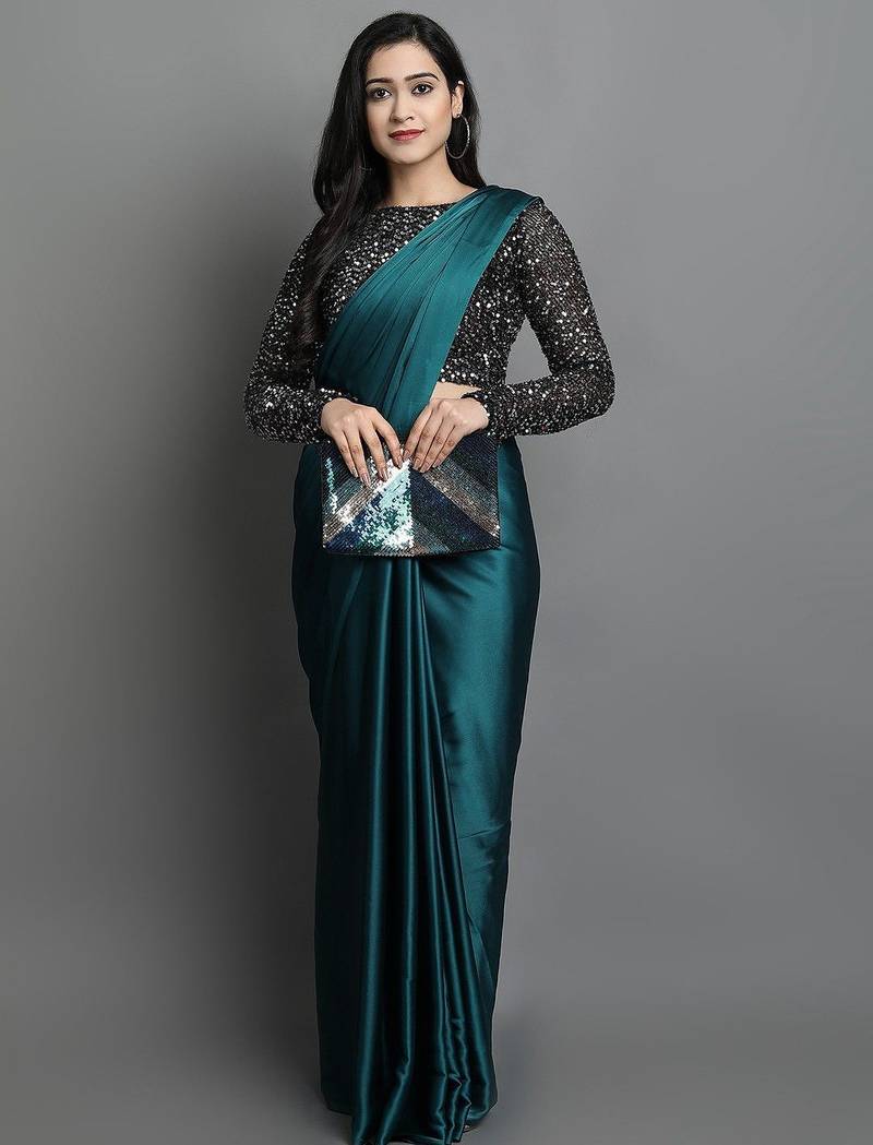 Light blue satin plain zari work saree with blouse
