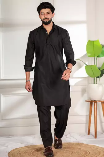 Black color cotton satin fabric beautiful solid festive special kurta payjama