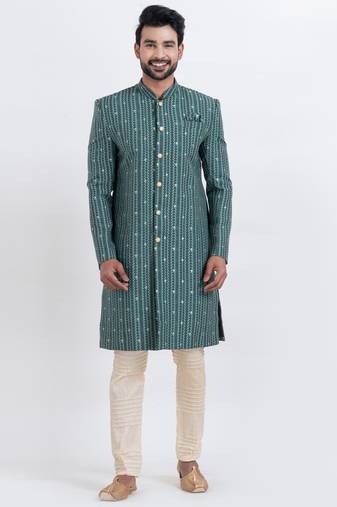 Green cotton silk jacquard premium designer festive wear indo western set