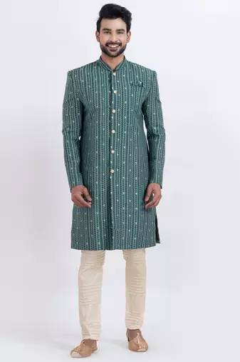 Green cotton silk jacquard premium designer festive wear indo western set