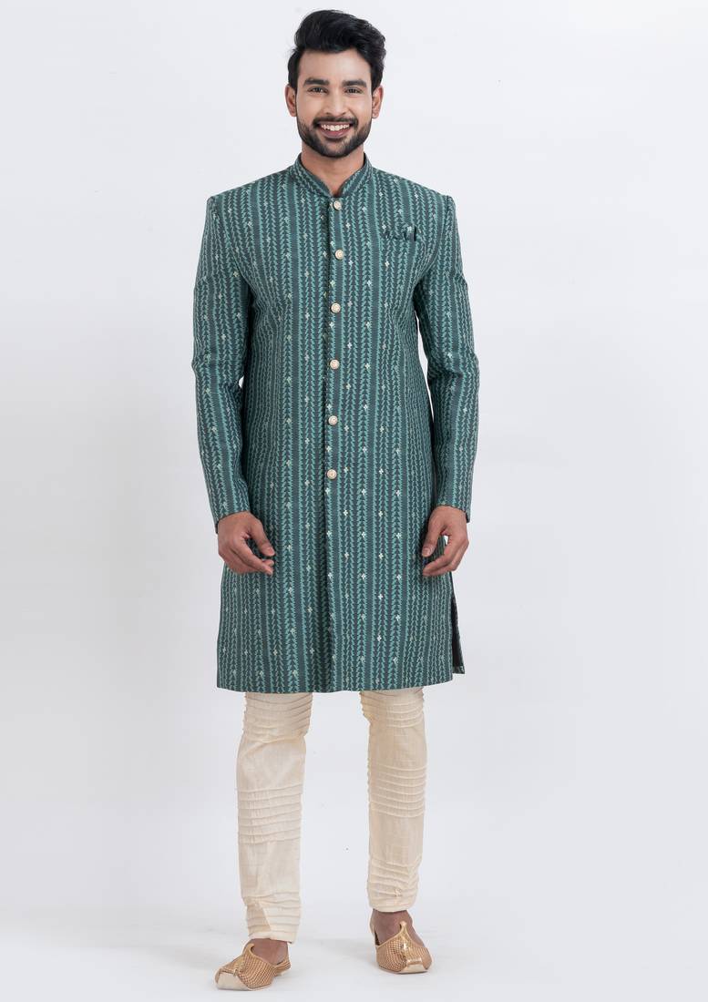 Green cotton silk jacquard premium designer festive wear indo western set
