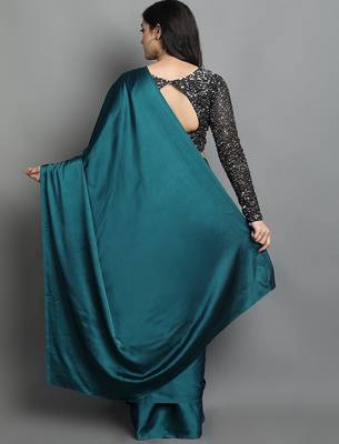 Light blue satin plain zari work saree with blouse 2