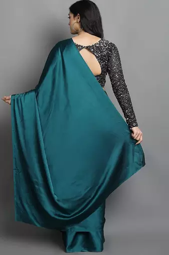 Light blue satin plain zari work saree with blouse