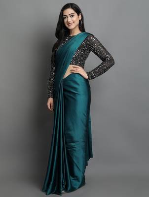 Light blue satin plain zari work saree with blouse 3