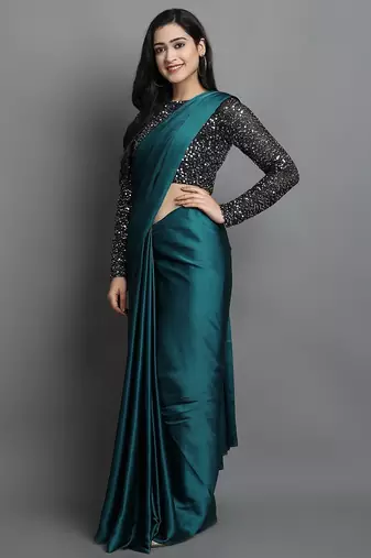 Light blue satin plain zari work saree with blouse