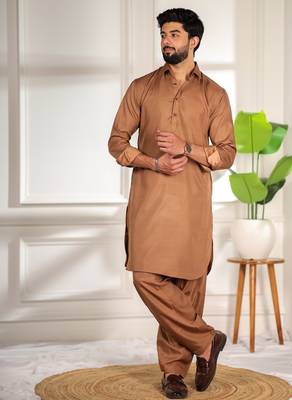 Brown color cotton satin fabric beautiful solid festive special kurta payjama 1