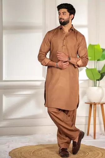 Brown color cotton satin fabric beautiful solid festive special kurta payjama