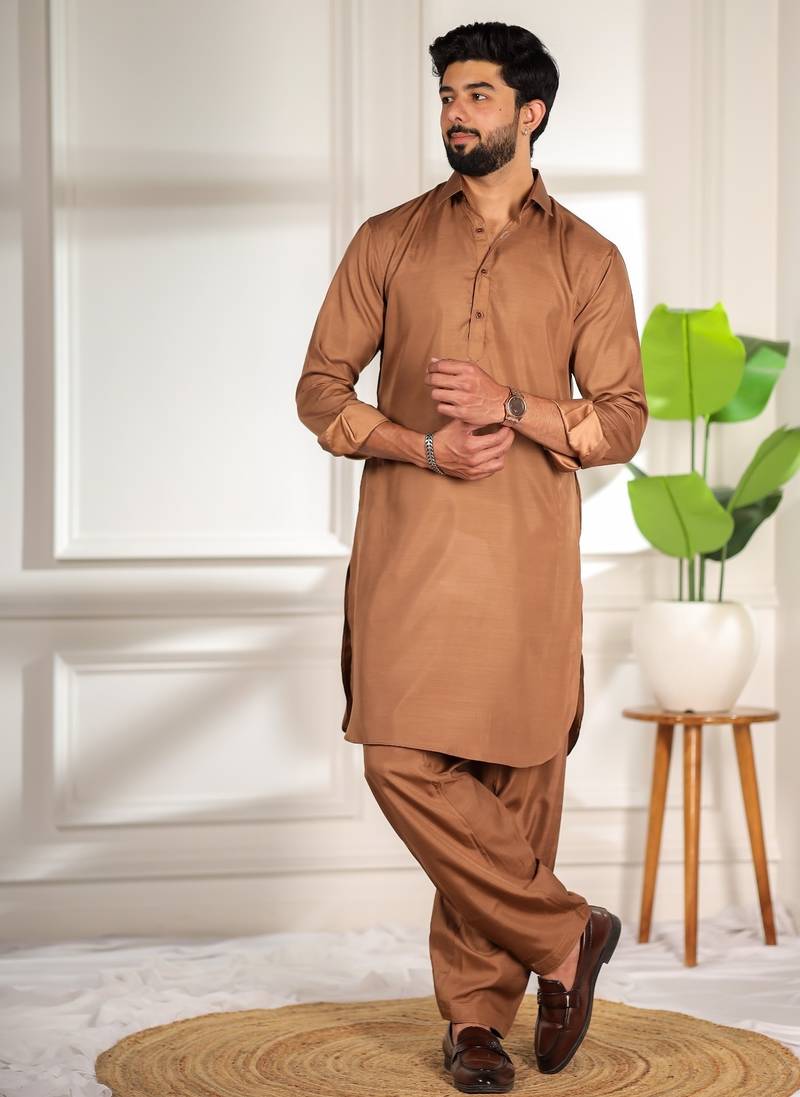 Brown color cotton satin fabric beautiful solid festive special kurta payjama