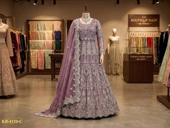 Lavender net anarkali suit with embroidered diamond  3