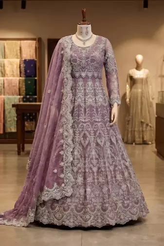 Lavender net anarkali suit with embroidered diamond 