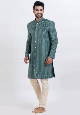 Green cotton silk jacquard premium designer festive wear indo western set 2