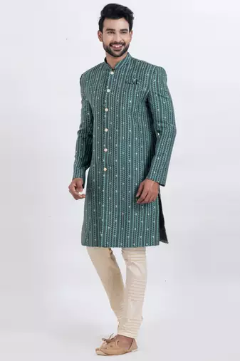 Green cotton silk jacquard premium designer festive wear indo western set