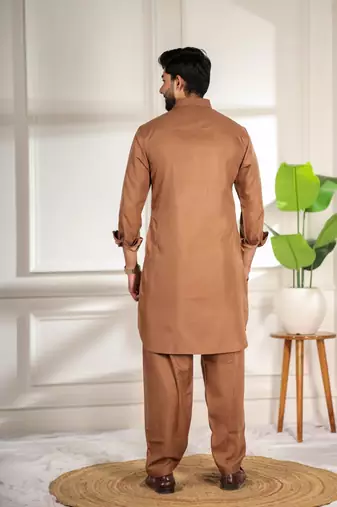 Brown color cotton satin fabric beautiful solid festive special kurta payjama