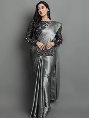 Grey satin plain zari work saree with blouse 1