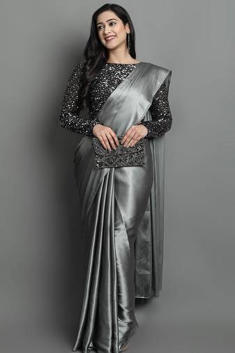 Grey satin plain zari work saree with blouse