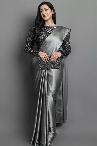Grey satin plain zari work saree with blouse
