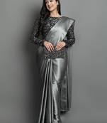 Grey satin plain zari work saree with blouse