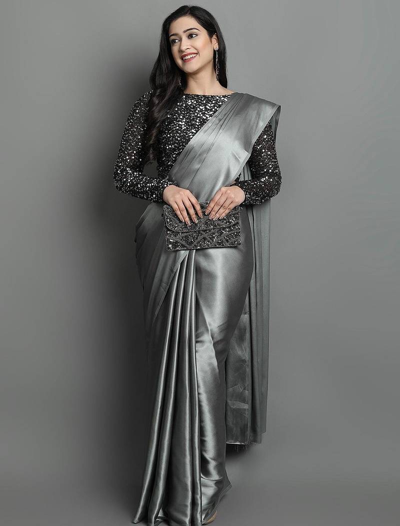 Grey satin plain zari work saree with blouse