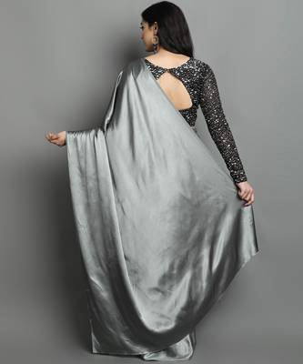 Grey satin plain zari work saree with blouse 2