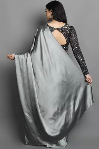 Grey satin plain zari work saree with blouse
