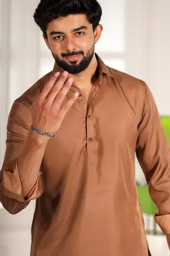 Brown color cotton satin fabric beautiful solid festive special kurta payjama