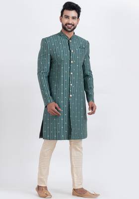 Green cotton silk jacquard premium designer festive wear indo western set 3