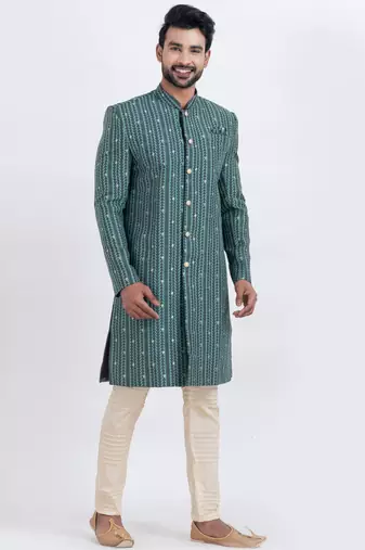Green cotton silk jacquard premium designer festive wear indo western set