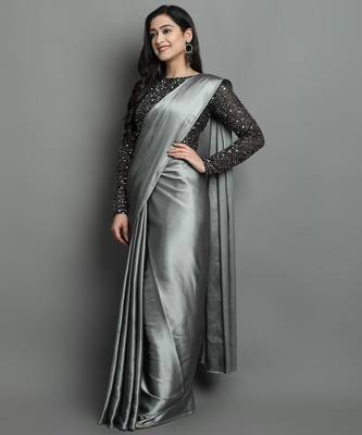 Grey satin plain zari work saree with blouse 3