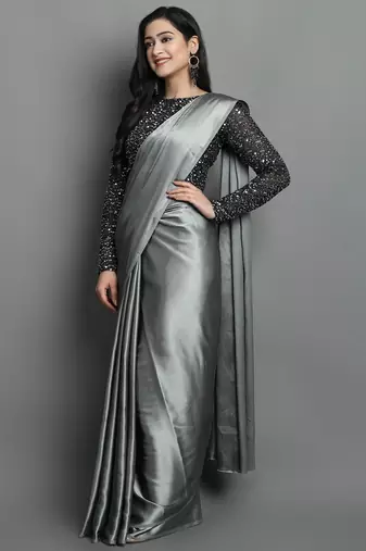 Grey satin plain zari work saree with blouse