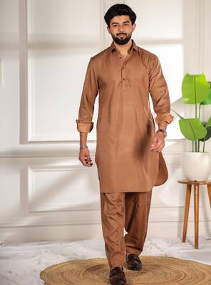Brown color cotton satin fabric beautiful solid festive special kurta payjama 5