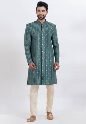 Green cotton silk jacquard premium designer festive wear indo western set 4
