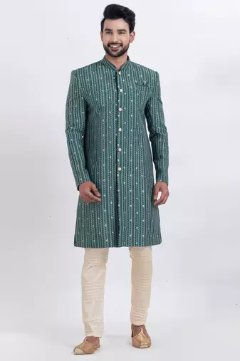 Green cotton silk jacquard premium designer festive wear indo western set