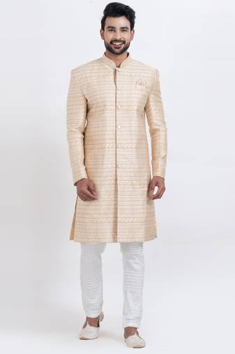 Gold jacquard silk premium designer festive wear indo western set